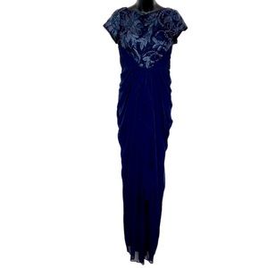 Adrianna Papell Navy Knit Evening Gown Ruched Skirt Embellished Bodice - Size 4